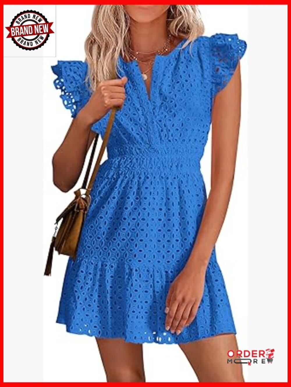 Eyelet Cap Sleeve V Neck Short Boho Sundress A-Line Ruffle Dress